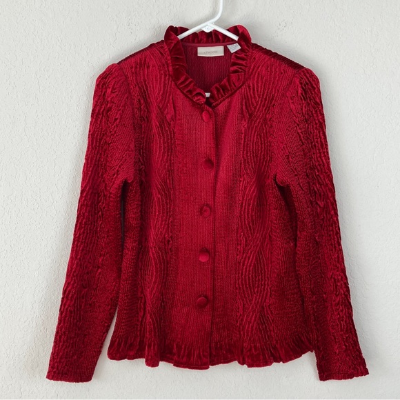 Chicos Red Velvet Jacket Size 0 Small 6-8 Ruffle Neck & Hem Stretch Evening - Picture 5 of 6